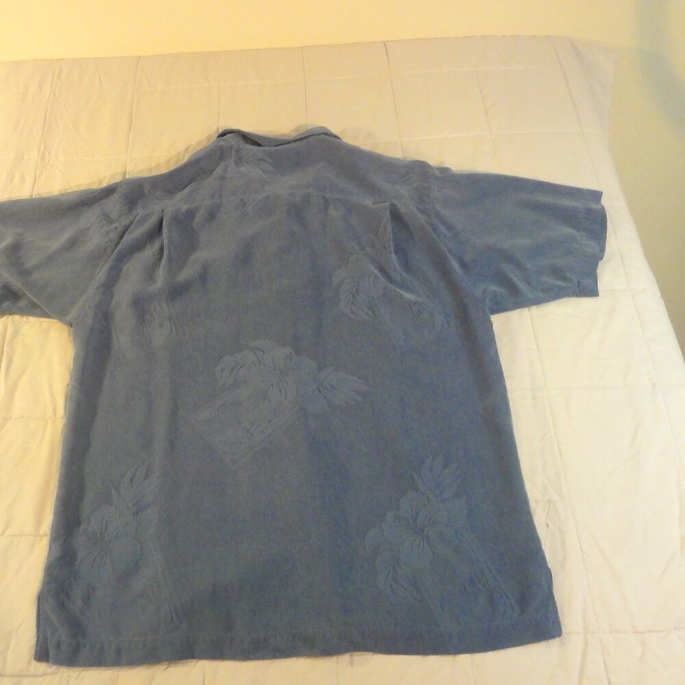 TOMMY BAHAMA SHIRT BLUE SHORT SLEEVE BUTTON UP 100% SILK BEACJ‎ SUMMER